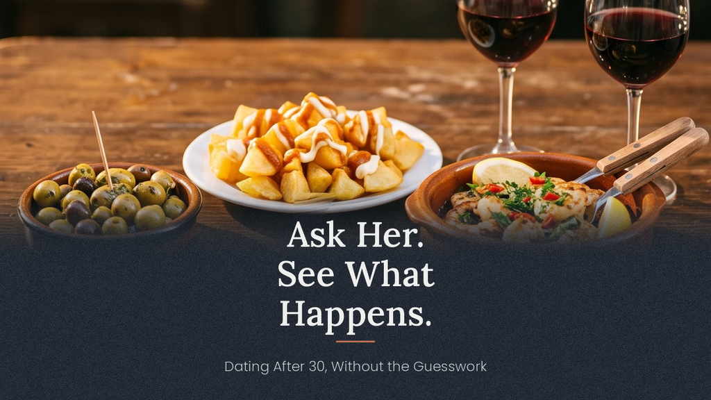 An image with three food plates on a wooden table: a plate of fries with cheese sauce, a bowl of olives, and a bowl of salad, alongside two glasses of red wine. Large white text reads 'Ask Her.
