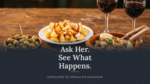 An image with three food plates on a wooden table: a plate of fries with cheese sauce, a bowl of olives, and a bowl of salad, alongside two glasses of red wine. Large white text reads 'Ask Her.